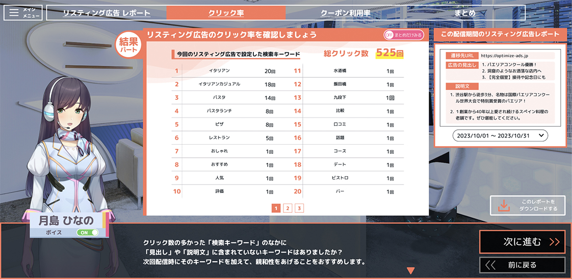 広告の結果と改善ポイントの表示例
